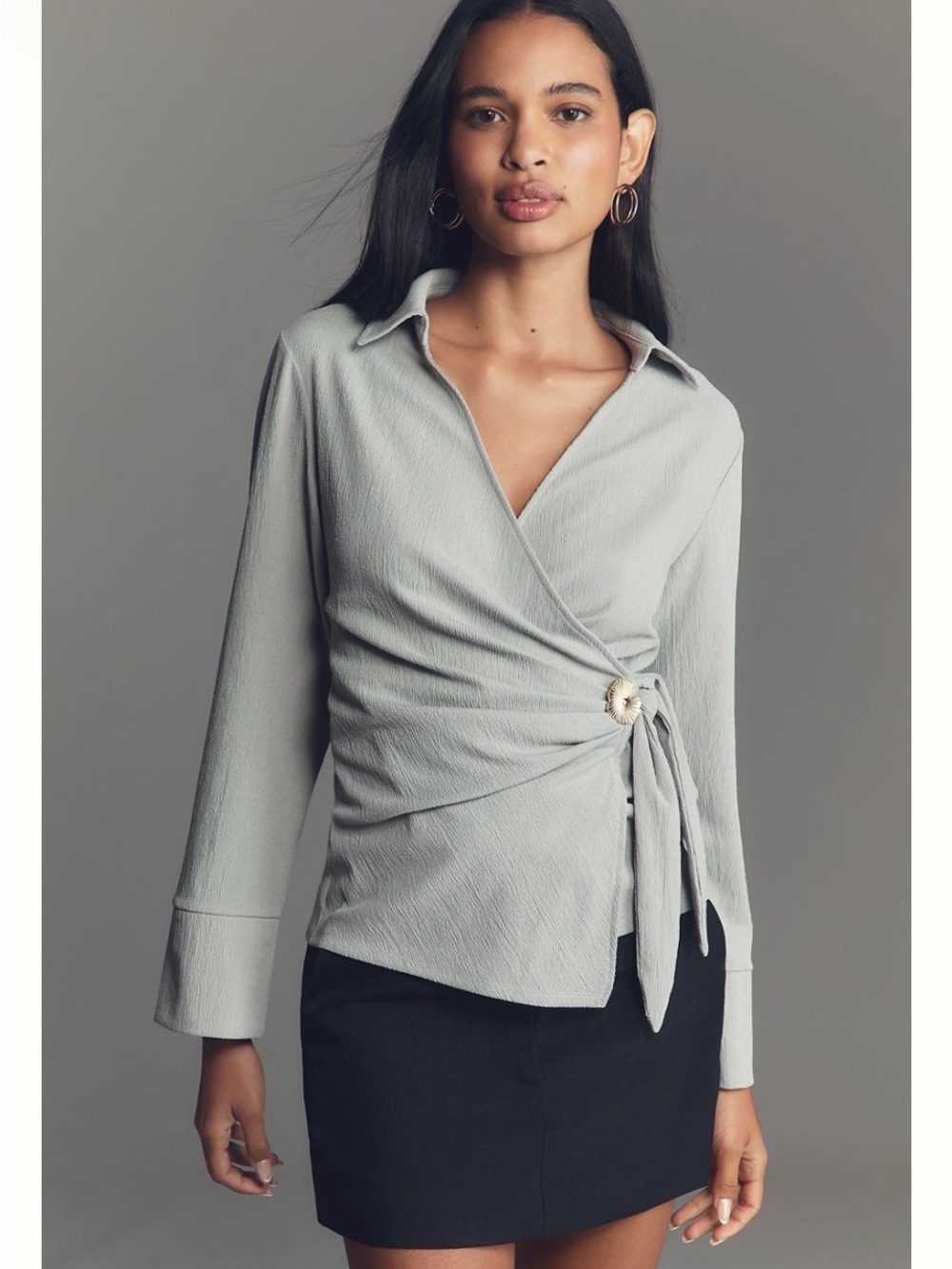 Anthropologie Light Gray Wrap Blouse with Side Tie